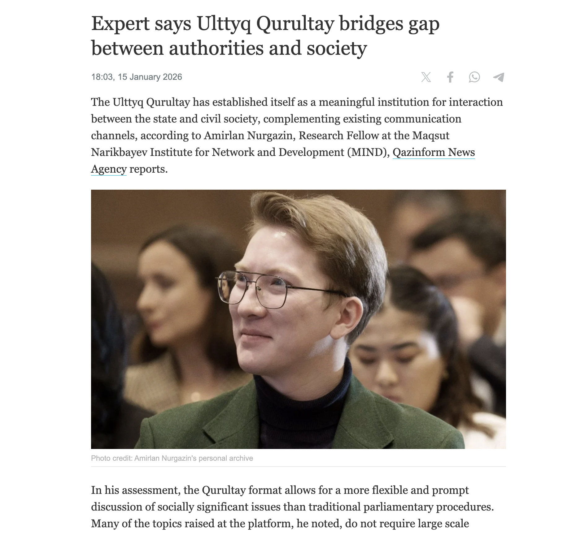 MIND Research Fellow Amirlan Nurgazin Highlights the Ulttyq Qurultay’s Role in Strengthening State–Civil Society Engagement